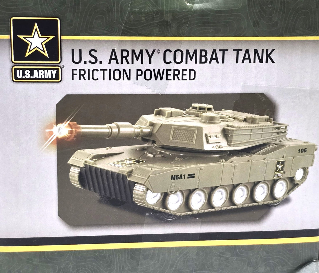 US Army Combat Tank Toy, Friction Powered with Lights and Sounds and 360 Rotating Turret
