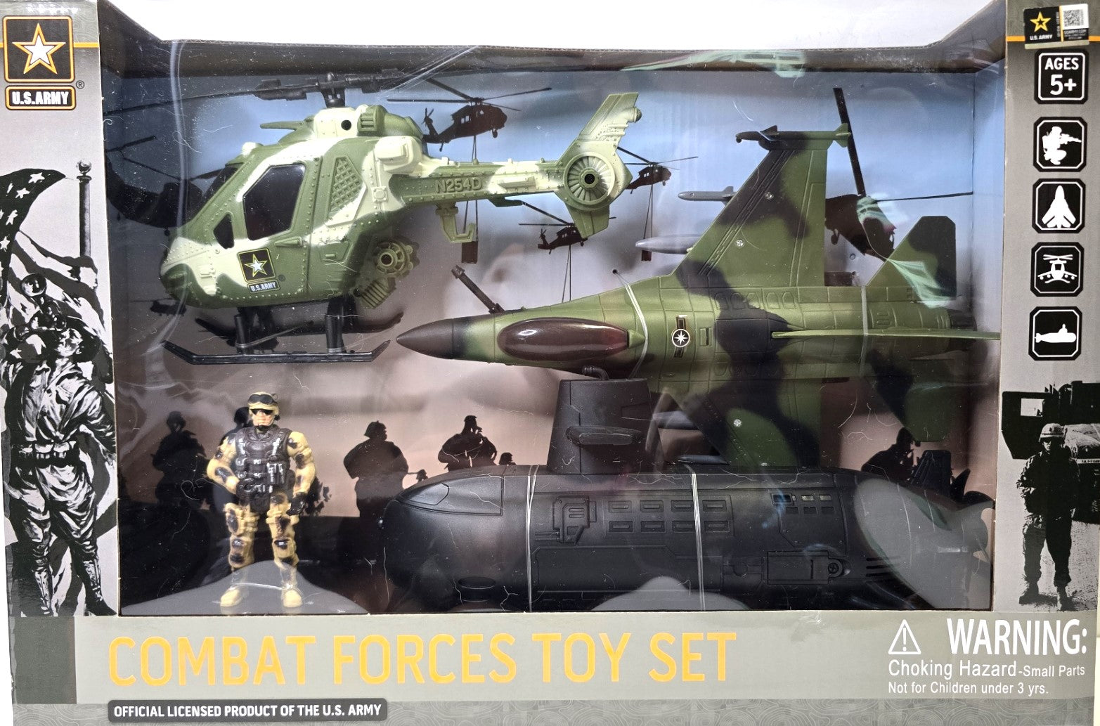 US Army Combat Forces Toy Set with Helicopter, Jet, Submarine and Soldier 5+