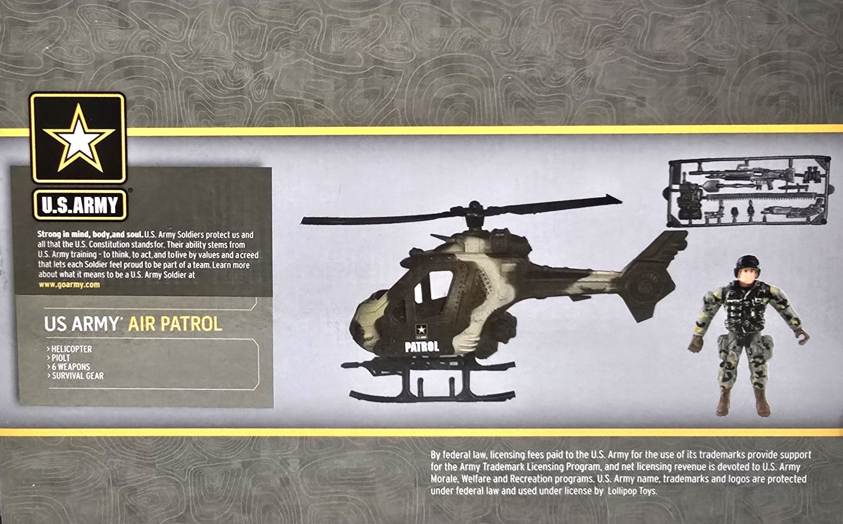 US Army Air Patrol Helicopter with Weapons and Soldier Play Set 3+