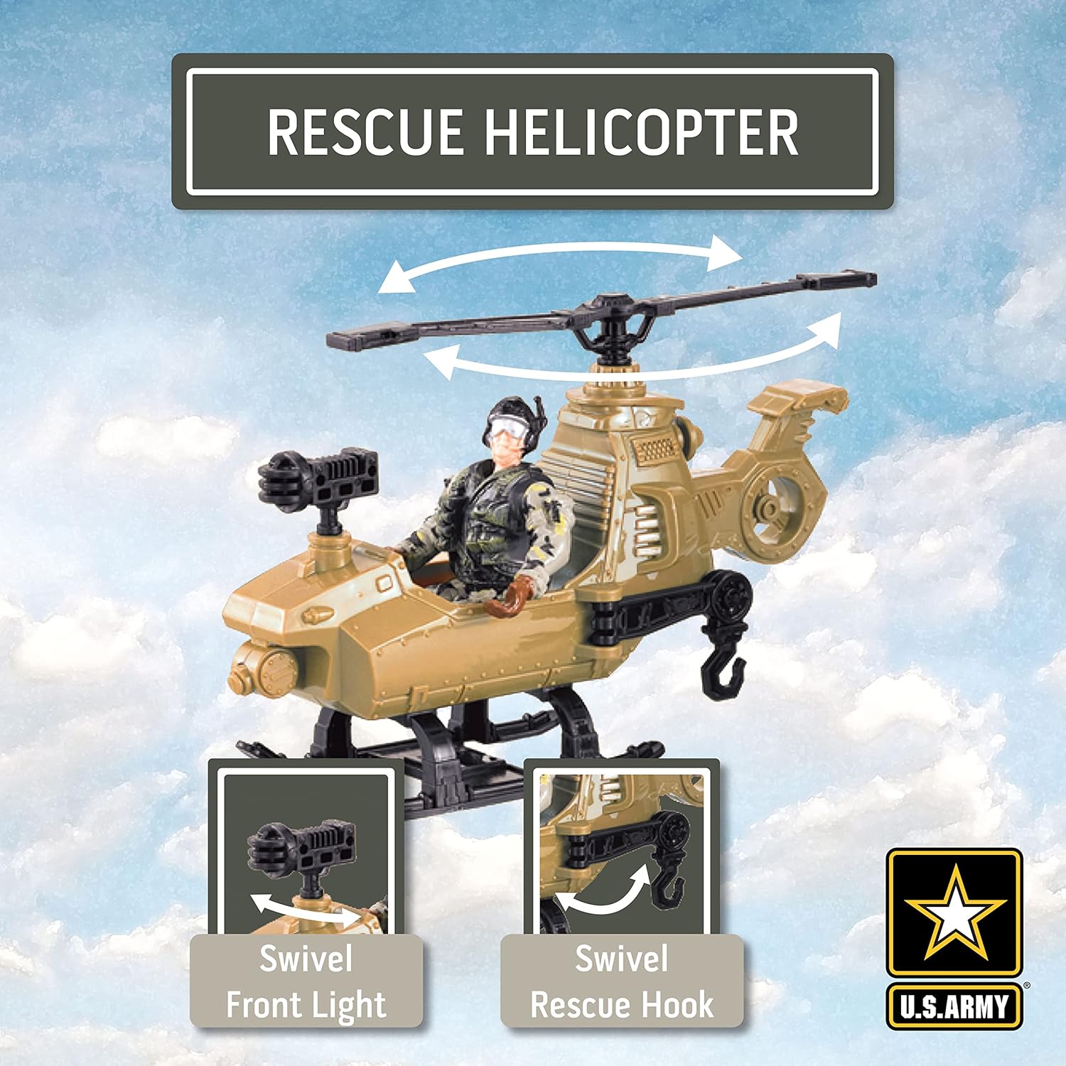 United States Army Rescue Force Soldier Toys & Military Vehicles - Helicopter & Desert Car, Artillery, Gear & Action Figure Playset, 3+ by Brooklyn Lollipops Import Corp | Toys & Games