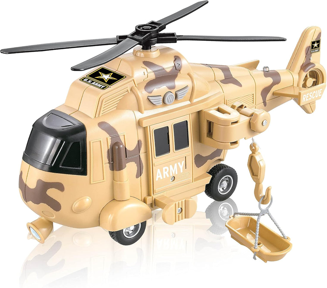 United States Army Friction Powered Rescue Helicopter Toy - 1:16 Scale Model Military Copter w/ Hook, Light & Sound