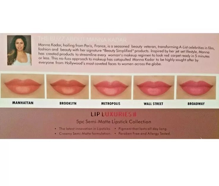 Manna Kadar Full Size Lip Luxuries II Semi-Matte Lipstick Collection, 5 pc