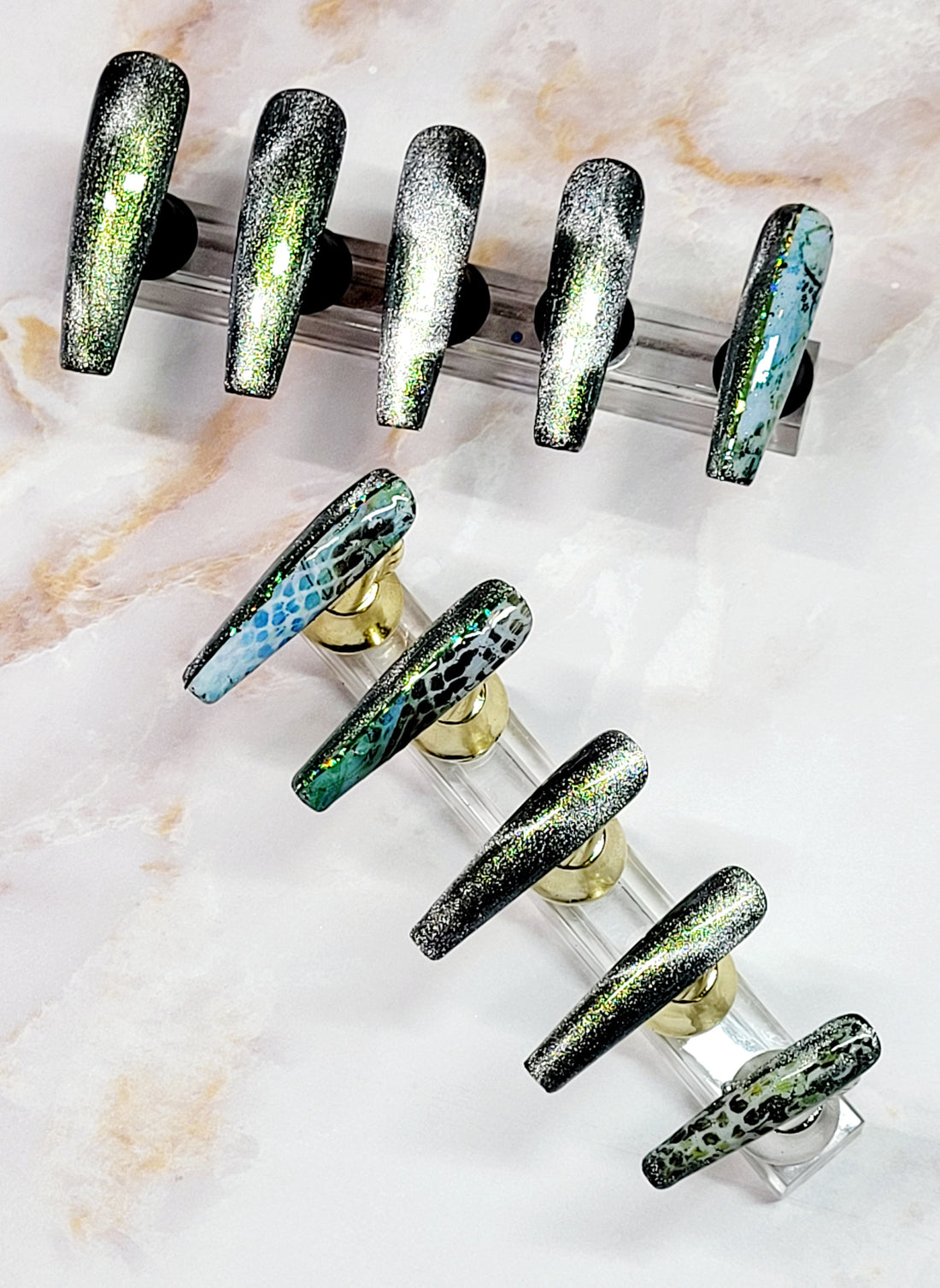 Long Coffin Custom Press-Ons with CatEyes and Foils