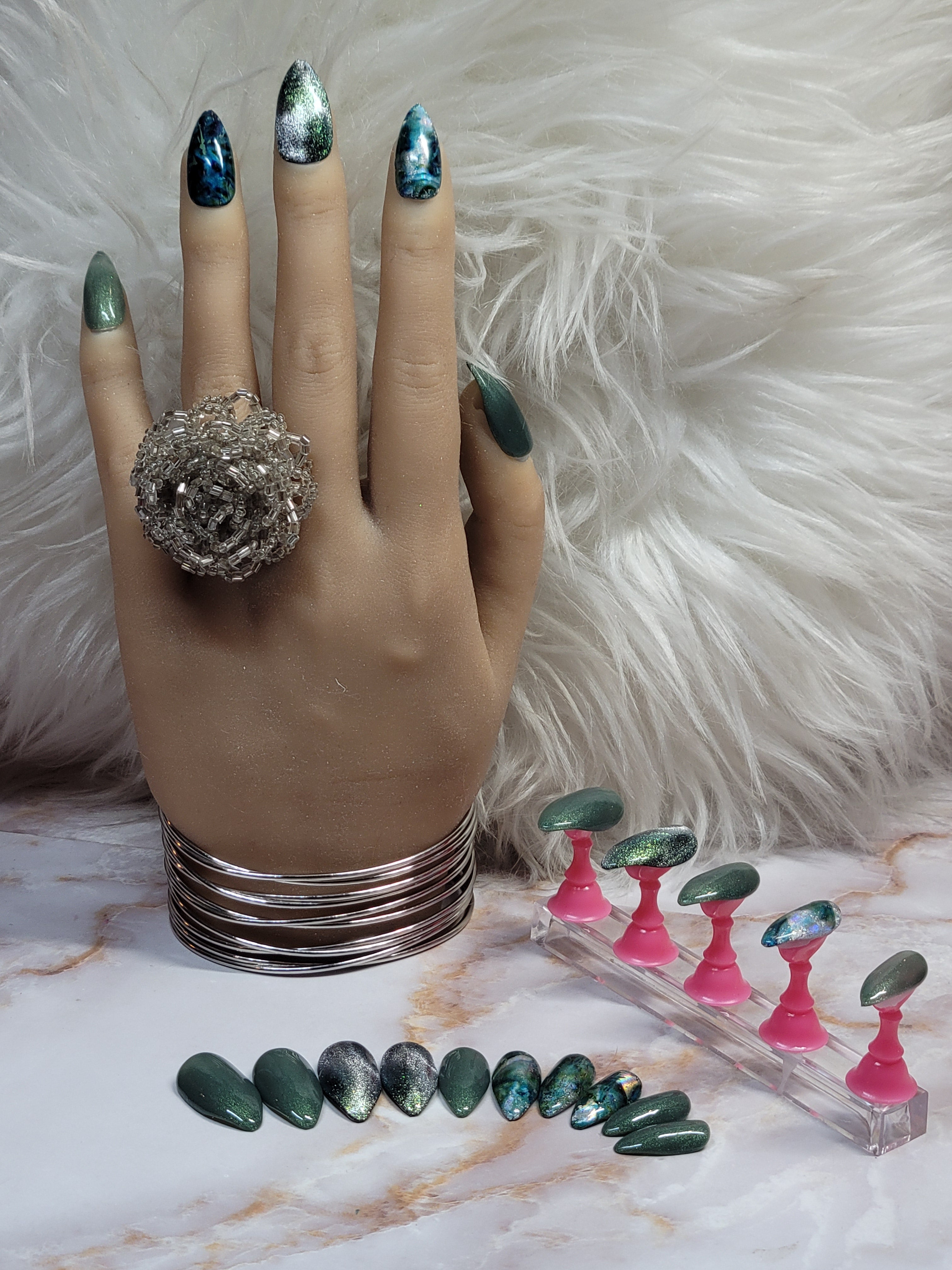 Short Stilettos Custom Press-Ons with CatEyes and Foil