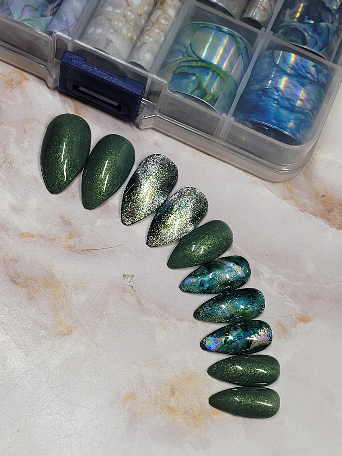 Short Stilettos Custom Press-Ons with CatEyes and Foil