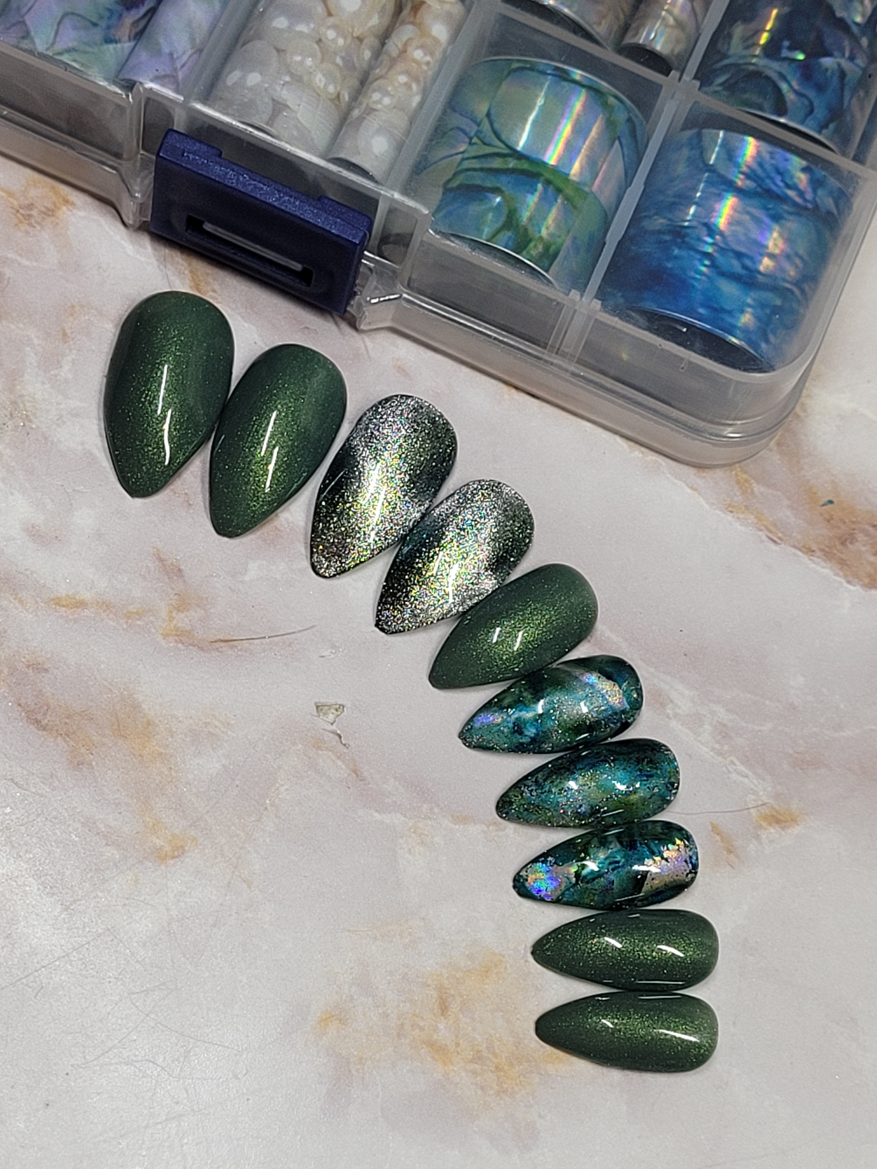 Short Stilettos Custom Press-Ons with CatEyes and Foil