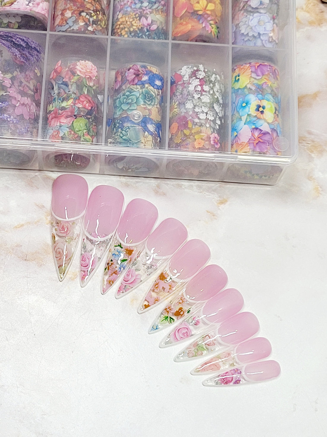 XL Stilettos Pink Custom Press-ons with Flower Foils