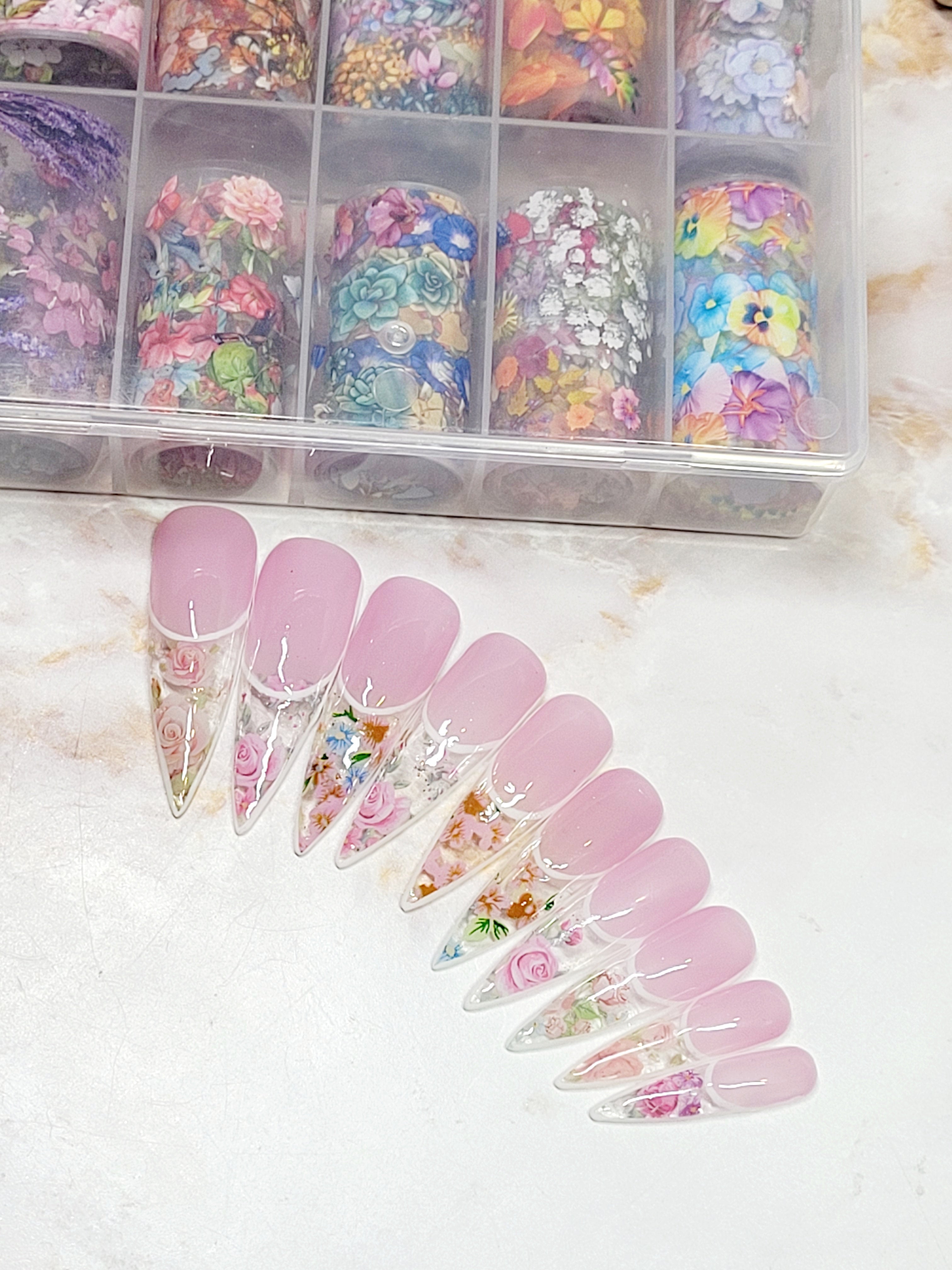 XL Stilettos Pink Custom Press-ons with Flower Foils