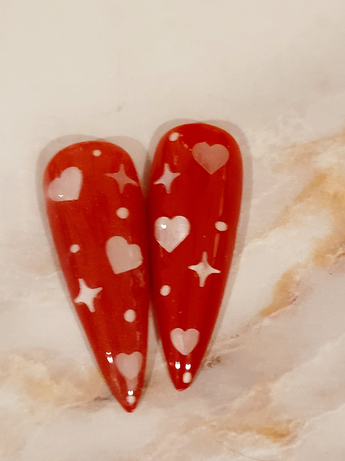 Long Almond Red Custom Press-Ons with White Foils