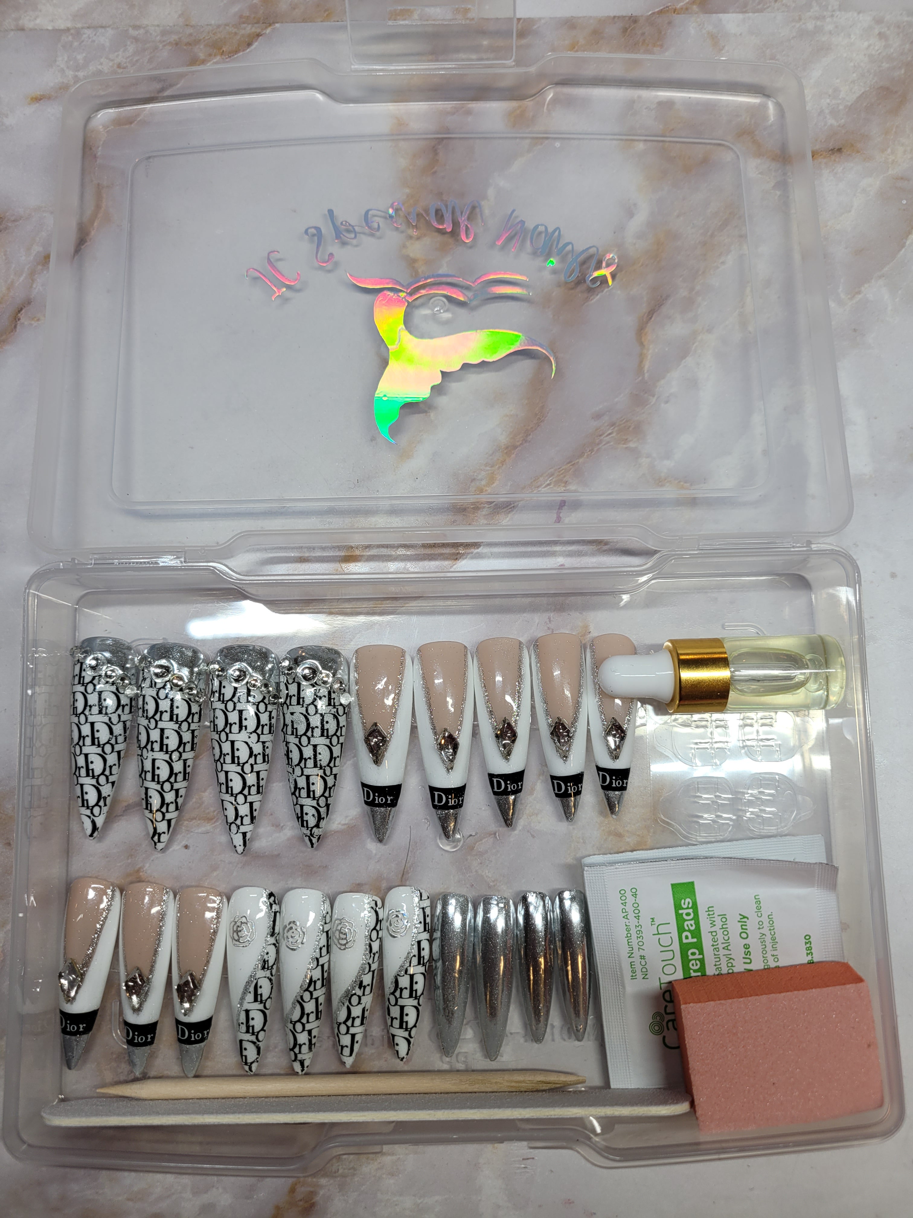 XXL Stilettos Logo Decals Custom Press-Ons with Foils and Rhinestones