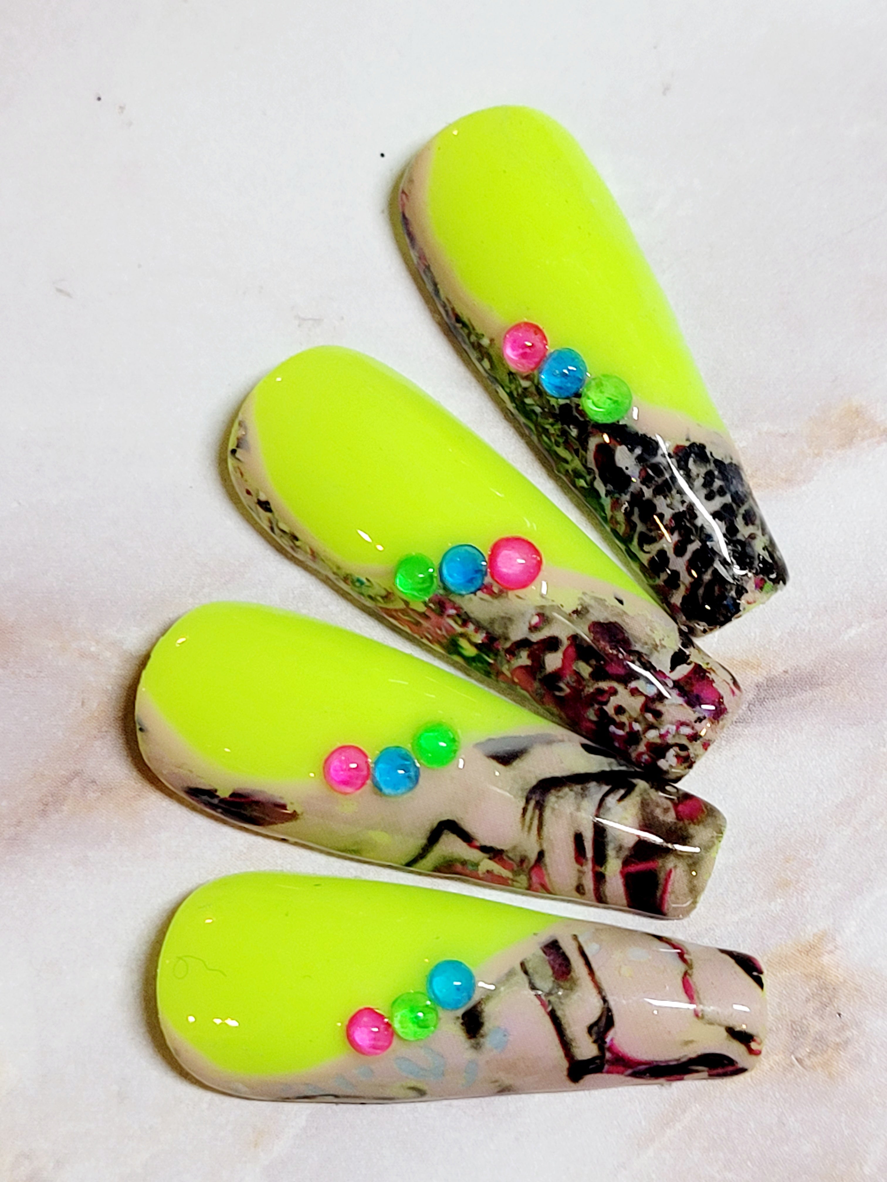 Long Neon Yellow Custom Press-Ons with Foil and Rhinestones