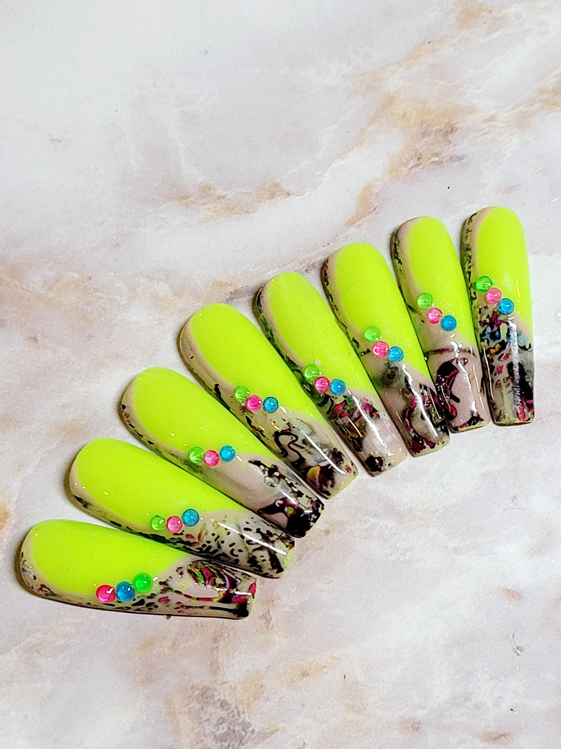 Long Neon Yellow Custom Press-Ons with Foil and Rhinestones