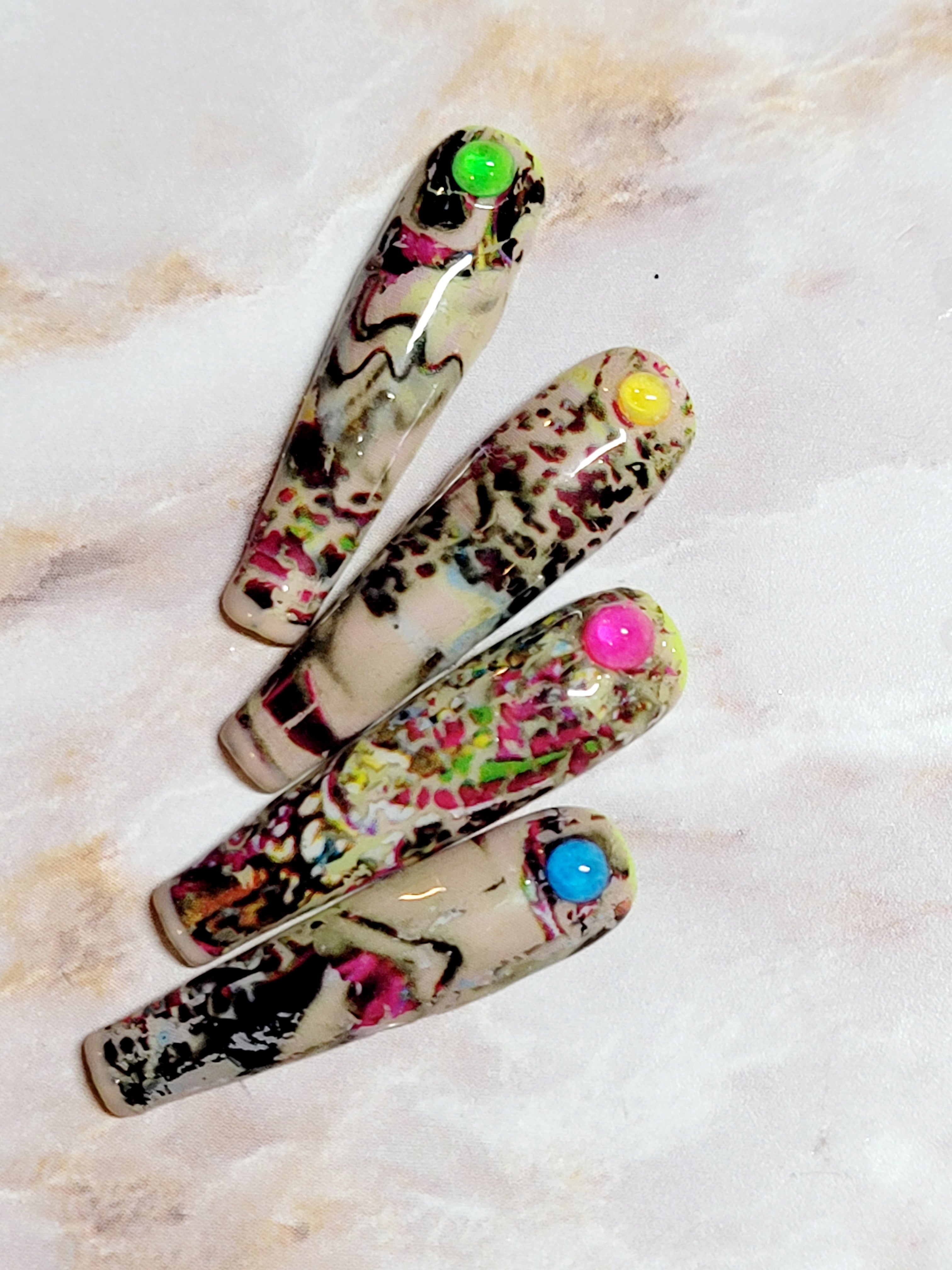 Long Neon Yellow Custom Press-Ons with Foil and Rhinestones