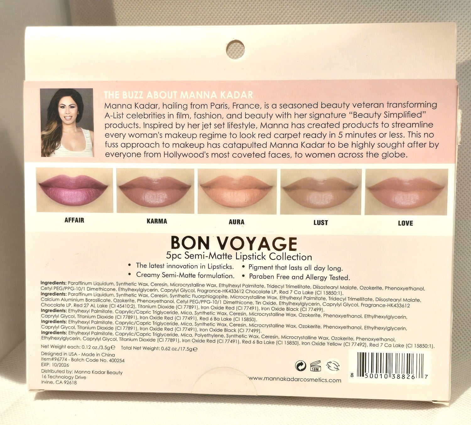 Manna Kadar Bon Voyage Semi-Matte Lipstick Collection, 5 piece