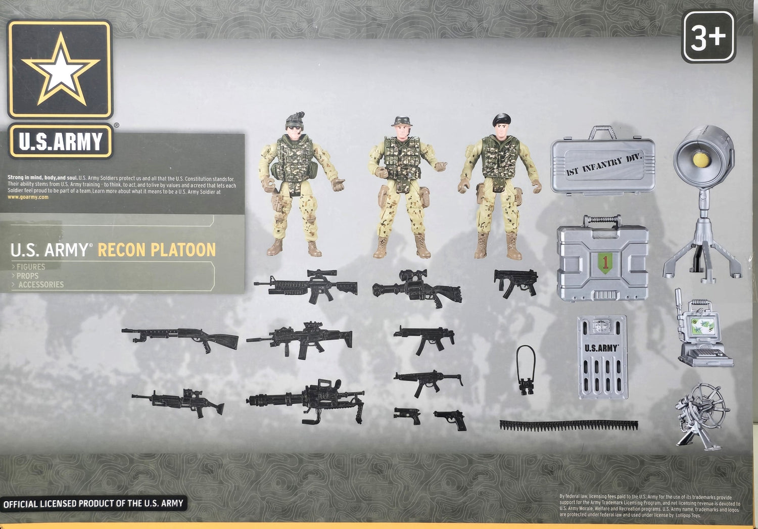 United States Army Recon Platoon Playset with 3 Military Action Figures, Mini Weapons &amp; Accessories - Toy Soldiers for Kids 3+