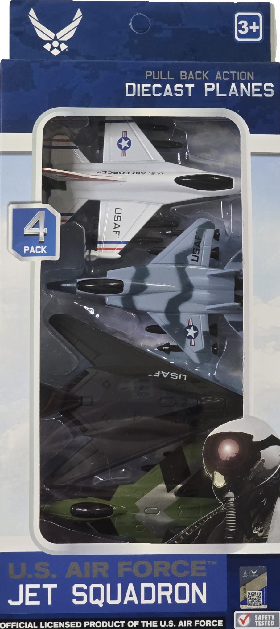 United Sates Air Force 4-Pack Toy Jet Squadron Die Cast Airplanes, Pull Back Military Fighter Jets, Diecast Air Plane Models