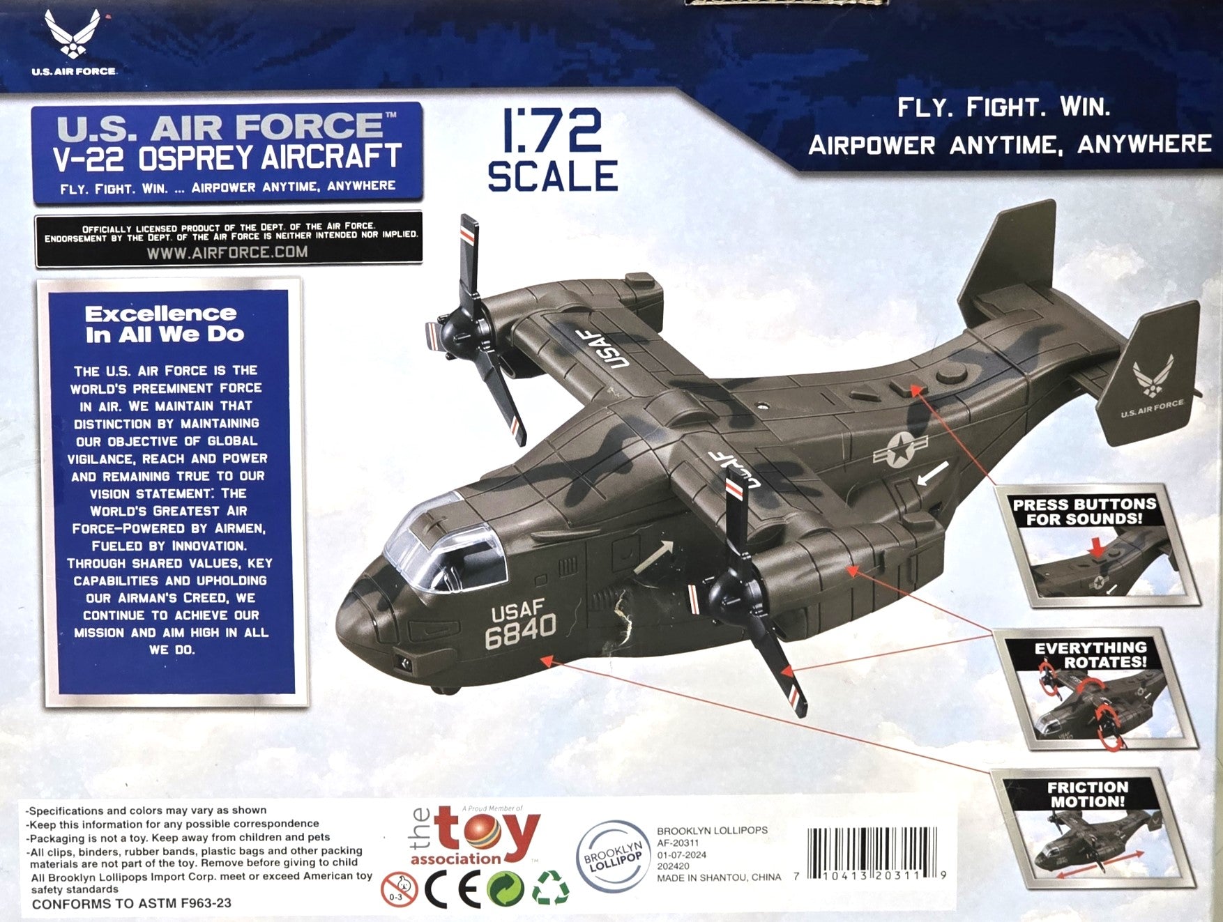 US Air Force Military Helicopter, V-22 Osprey Airplane, 1:72 Scale Aircraft Carrier Model, Battle/Rescue Helicopter Toy w/Sounds, 3+