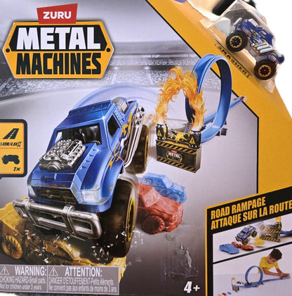 Zuru Metal Machines toy truck packaging with toy truck and accessories on a gray background