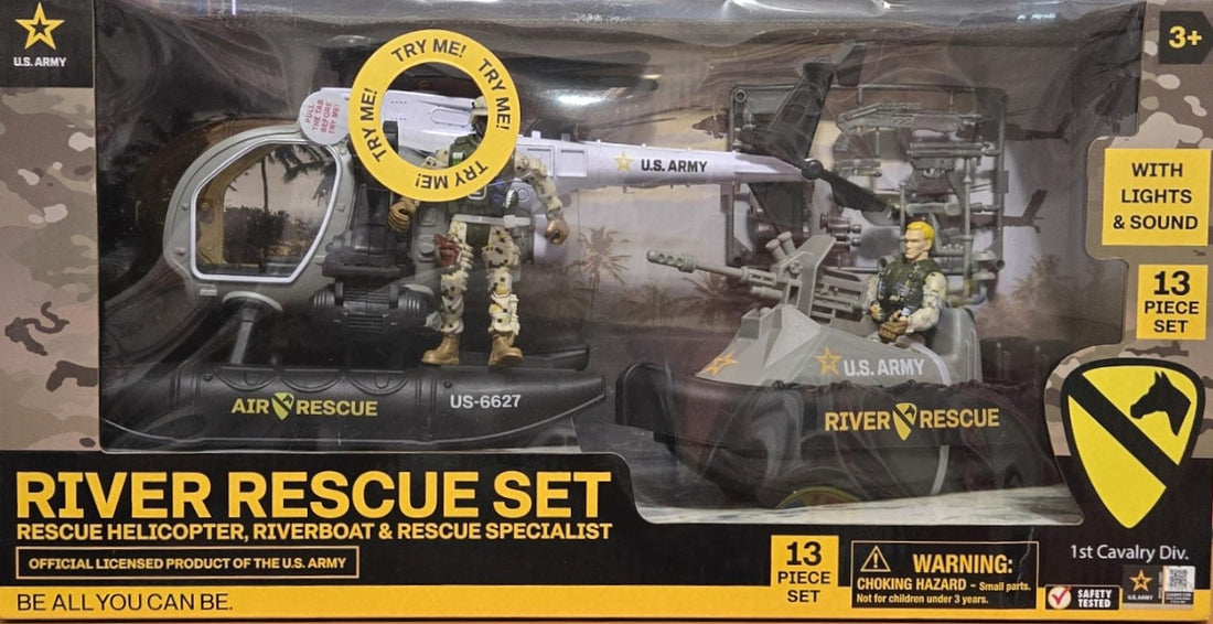 U.S. Army River Rescue Set Helicopter, Riverboat & Rescue Specialist 13-pieces