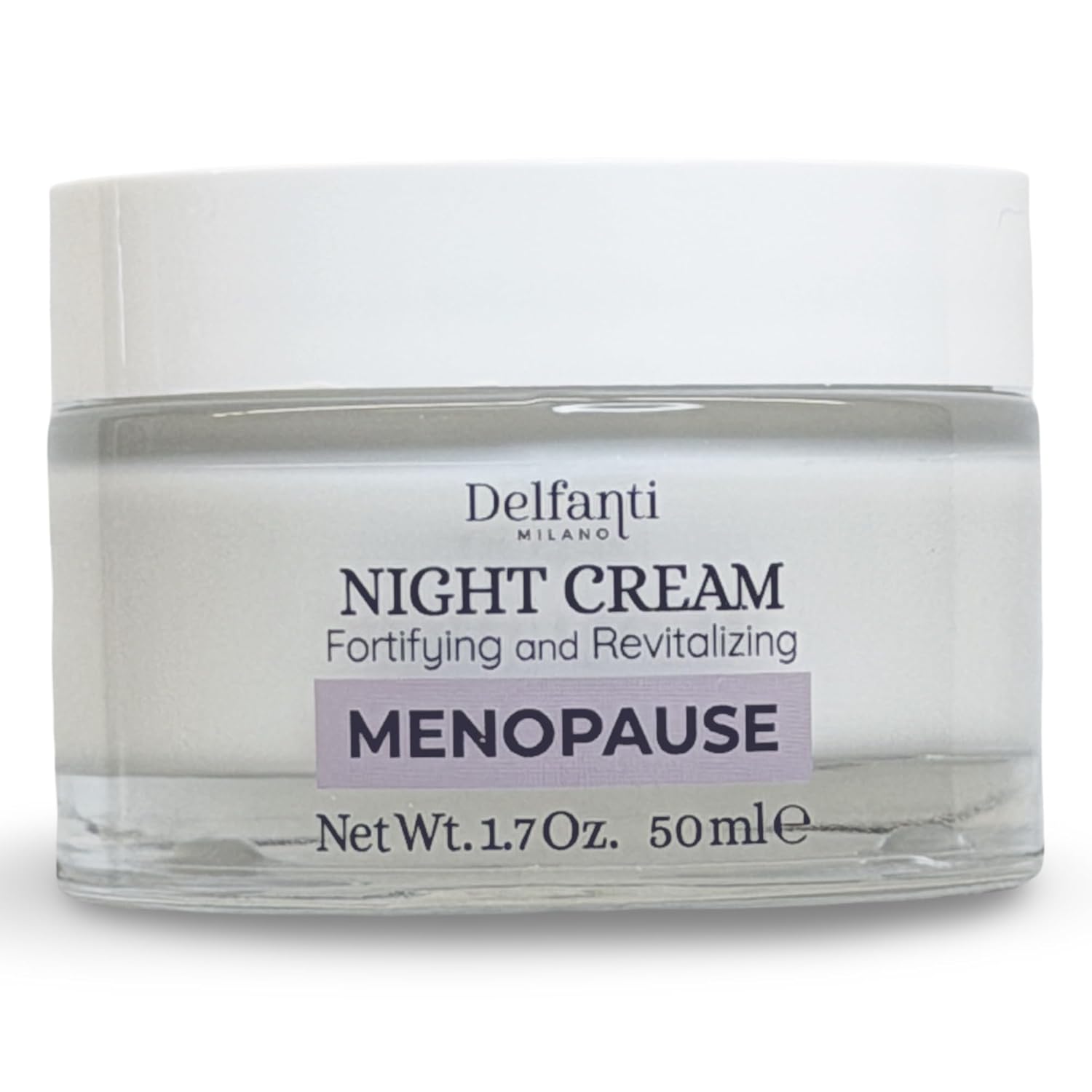 Delfanti-Milano • MENOPAUSE NIGHT CREAM • for face and neck • Retinol and Pytoactives of Red Clover • Fortifying and Revitalizing • Made in Italy 1.7 oz jar