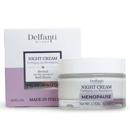Delfanti-Milano • MENOPAUSE NIGHT CREAM • for face and neck • Retinol and Pytoactives of Red Clover • Fortifying and Revitalizing • Made in Italy 1.7 oz jar