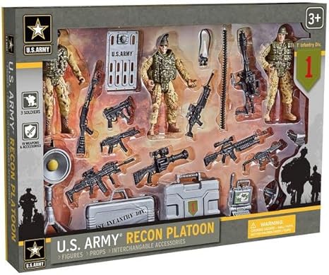 United States Army Recon Platoon Playset with 3 Military Action Figures, Mini Weapons &amp; Accessories - Toy Soldiers for Kids 3+