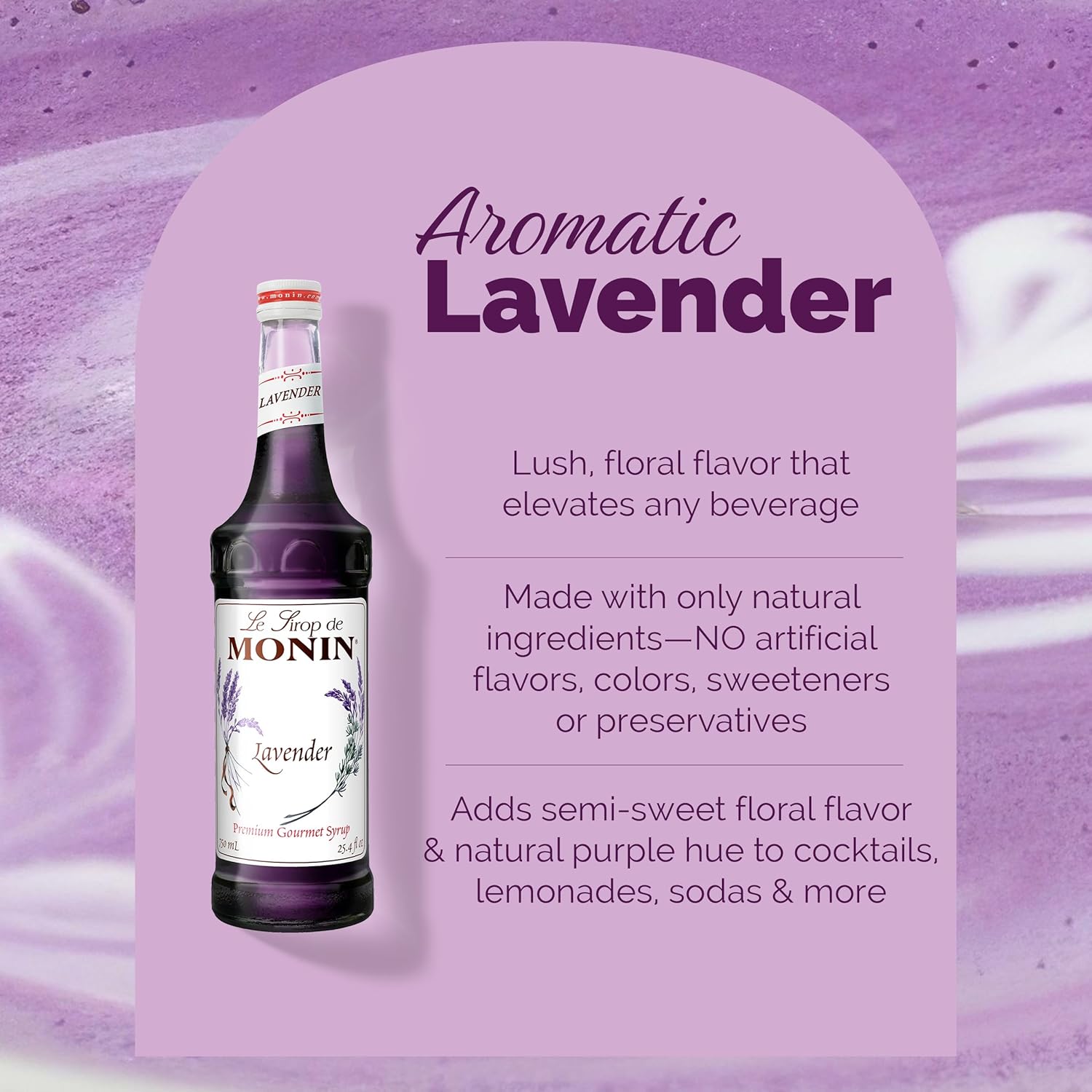 Monin - Lavender Syrup, Aromatic and Floral, Natural Flavors, Great for Cocktails, Lemonades, and Sodas, Non-GMO, Gluten-Free (750 ml)
