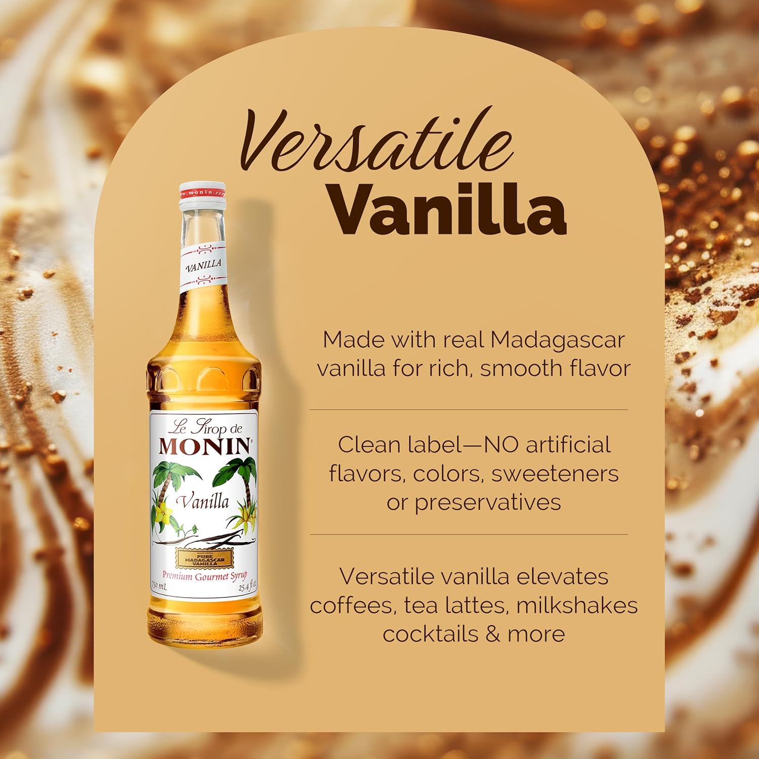 Monin - Vanilla Syrup, Versatile Flavor, Great for Coffee, Shakes, and Cocktails, Gluten-Free, Non-GMO (750 ml)