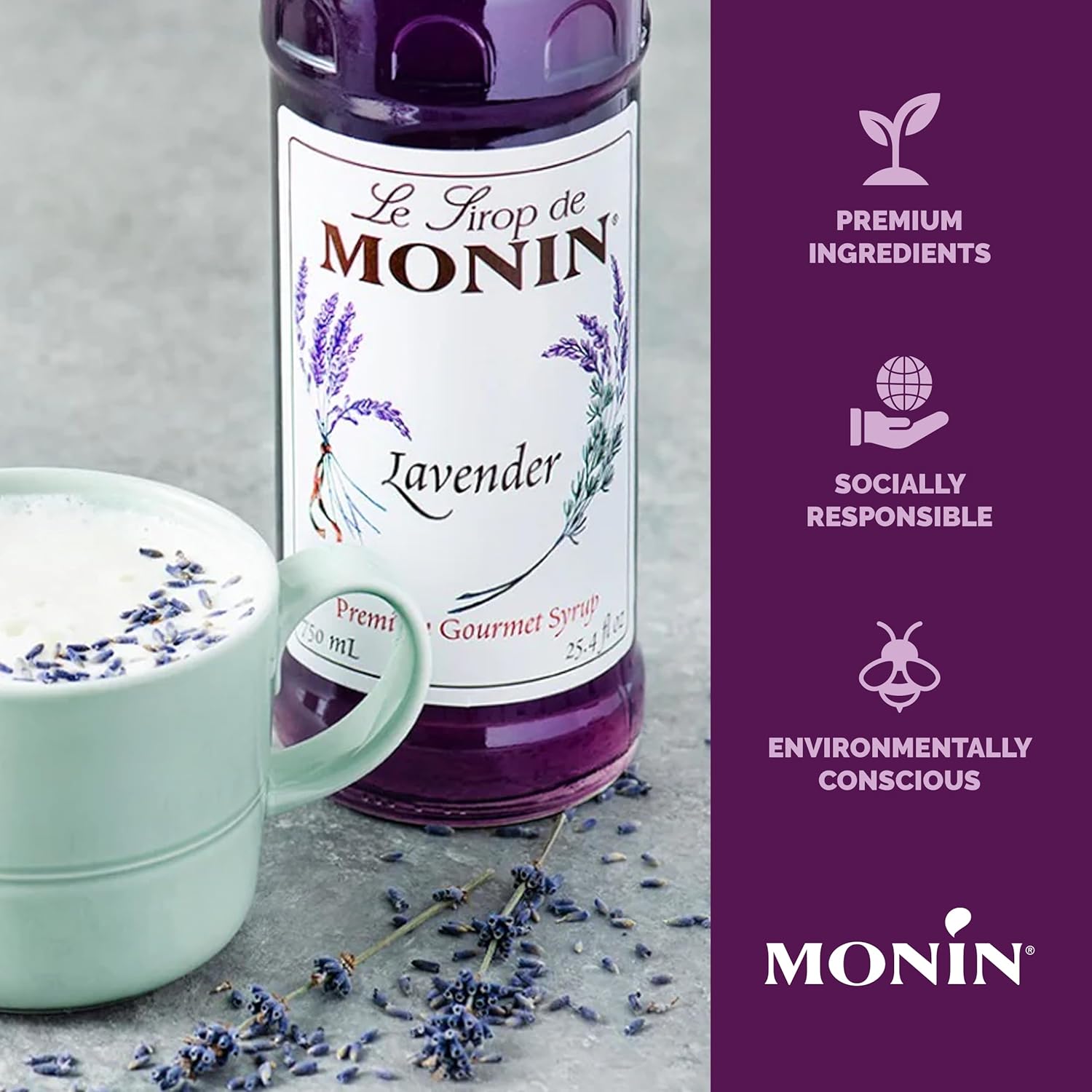 Monin - Lavender Syrup, Aromatic and Floral, Natural Flavors, Great for Cocktails, Lemonades, and Sodas, Non-GMO, Gluten-Free (750 ml)