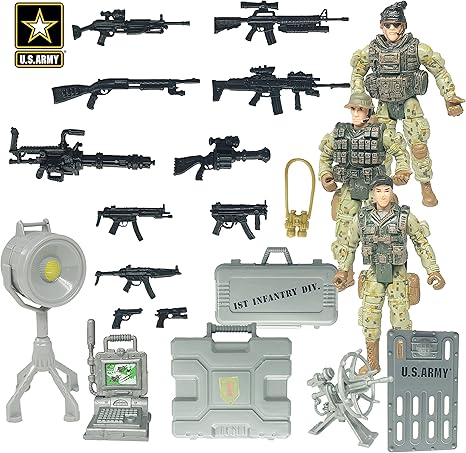 United States Army Recon Platoon Playset with 3 Military Action Figures, Mini Weapons &amp; Accessories - Toy Soldiers for Kids 3+