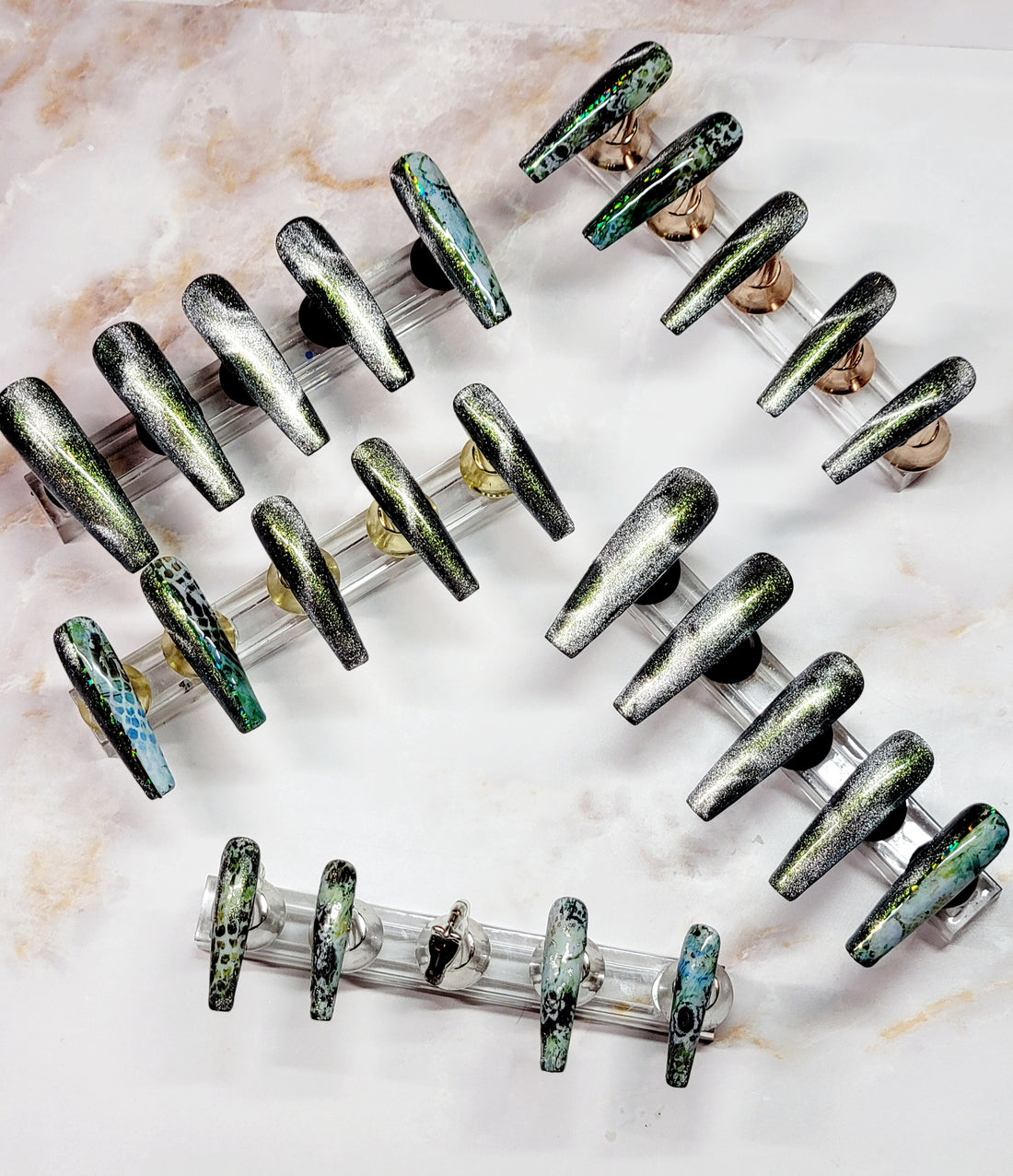 Long Coffin Custom Press-Ons with CatEyes and Foils