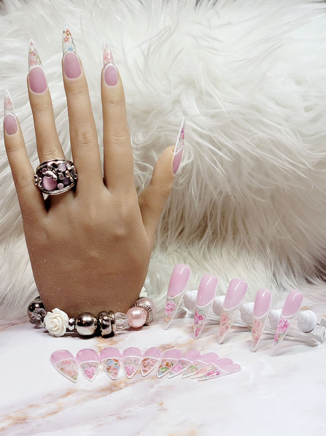 XL Stilettos Pink Custom Press-ons with Flower Foils