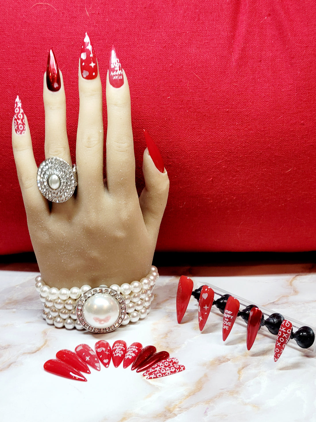 Long Almond Red Custom Press-Ons with White Foils