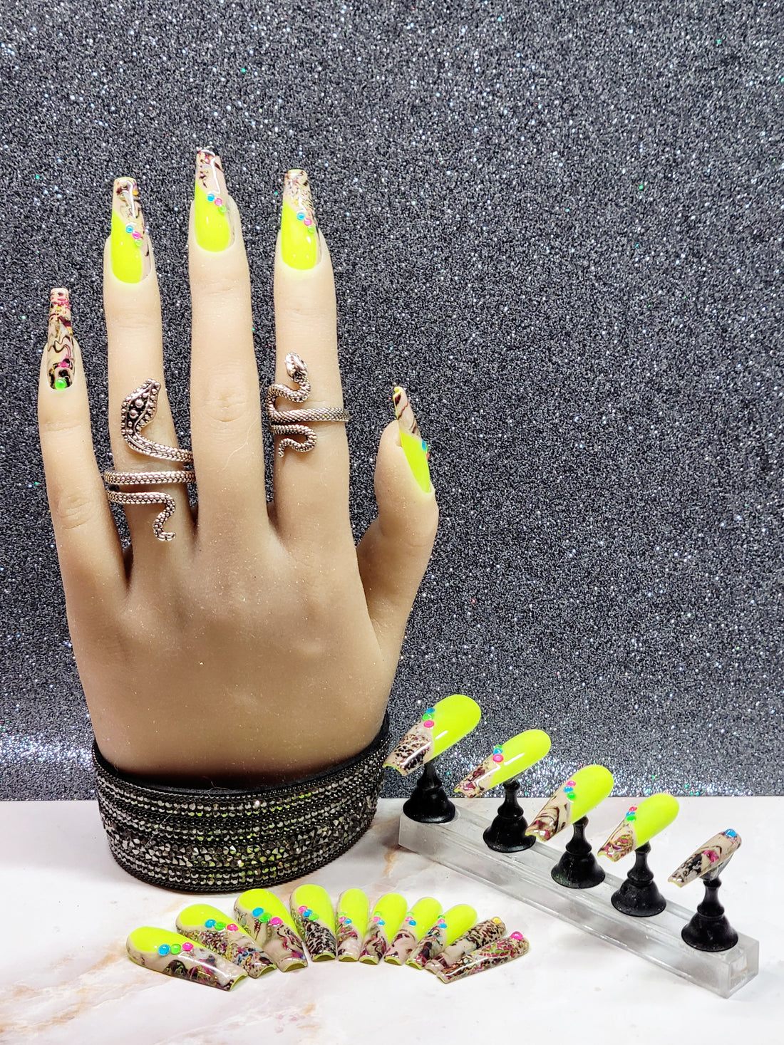 Long Neon Yellow Custom Press-Ons with Foil and Rhinestones